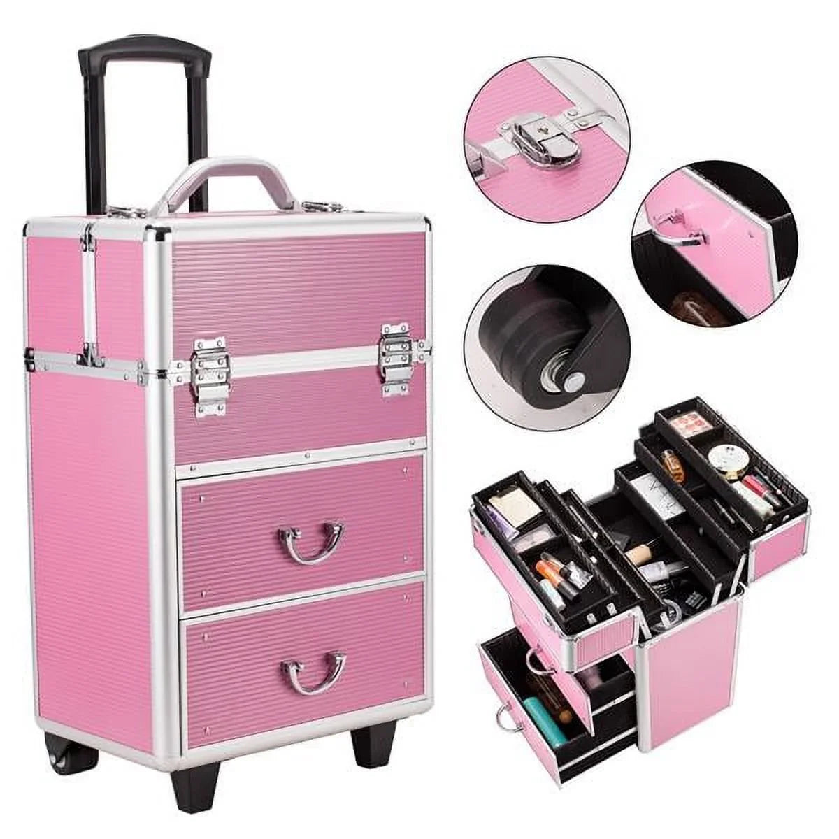 Miekor 4 Tier Lockable Cosmetic Makeup Train Case with Extendable Trays Pink