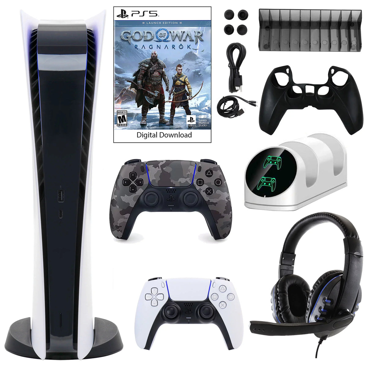 Sizeony PlaySizetation 5 Digital GOW Console with Extra Gray Camo Dualsense Controller and Accessories Kit
