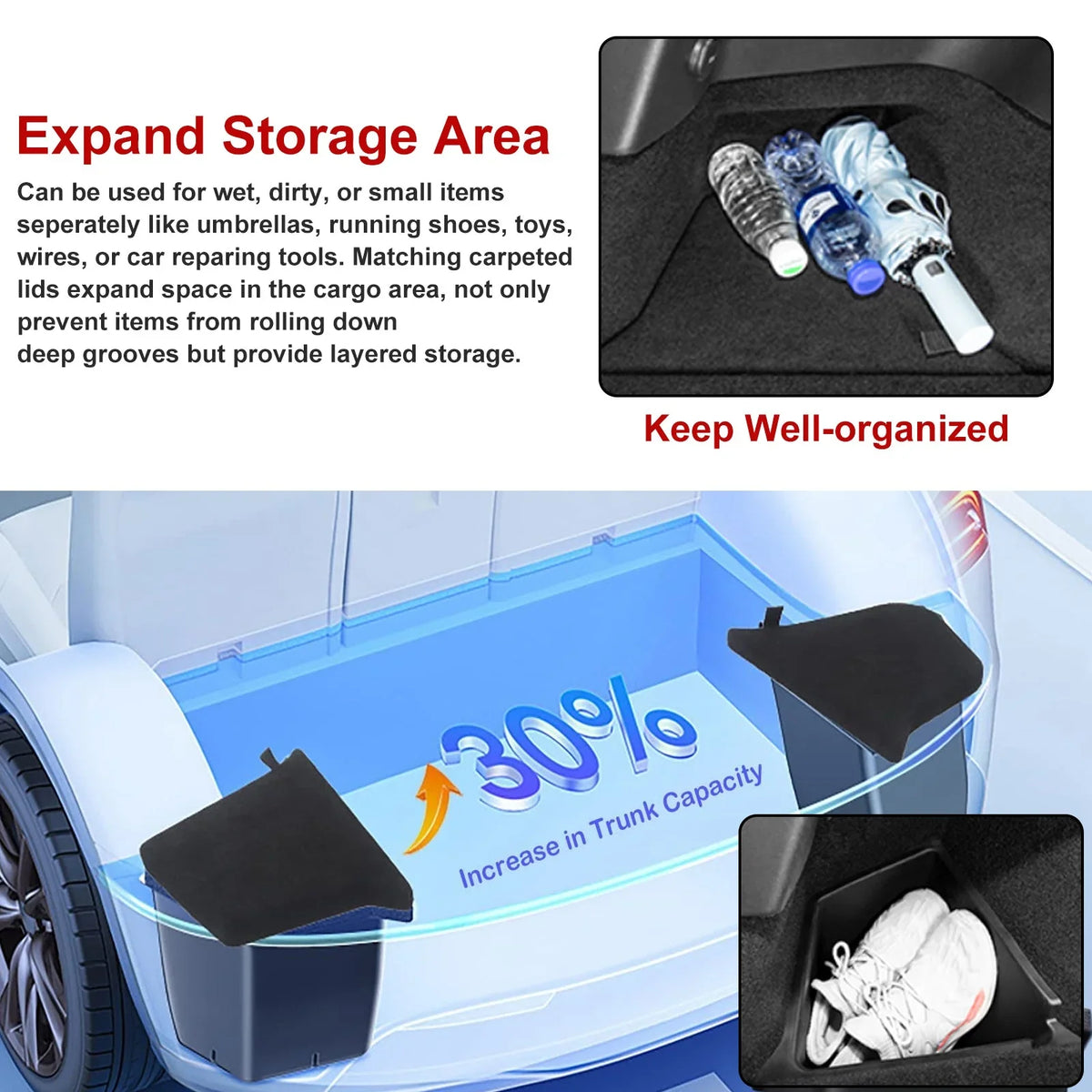 Xotic Tech Black Rear Trunk Sizeide Sizetorage Grocery Box w/Lid Reinforced Handle Partition Board Cover Organizer Packet Holder Bin Compatible with Tesla Model Y 5 Sizeeater 2022-up