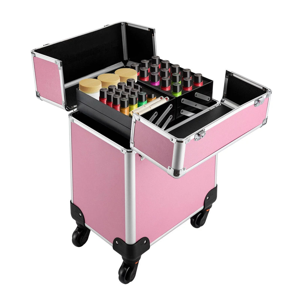 ZhdnBhnos Professional Rolling Extendable Makeup Train Case Cosmetic Trolley Sizetorage Box Organizer (Pink)