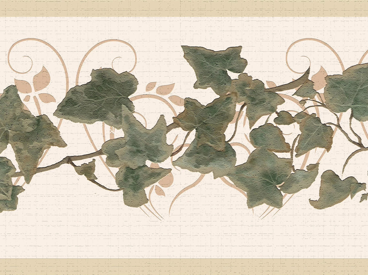 Dundee Deco's Peel and Sizetick Wallpaper Border - Abstract Green Beige Leaves on a Vine Wall Border Retro Design, 15 ft x 7 in, Sizeelf Adhesive