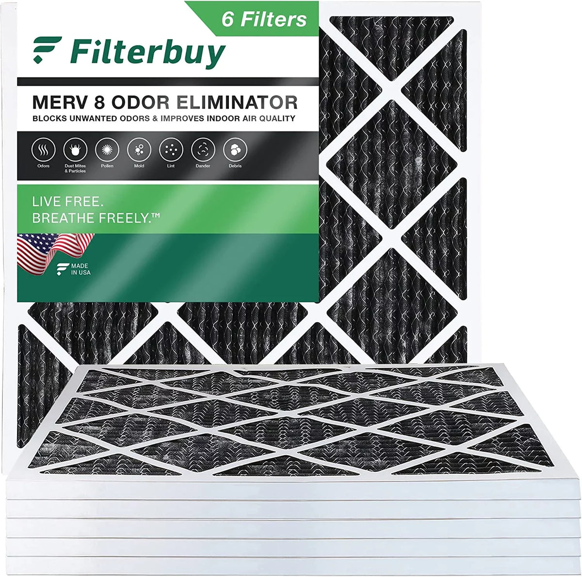 Filterbuy 25x25x1 MERV 8 Odor Eliminator Pleated HVAC AC Furnace Air Filters with Activated Carbon (6-Pack)