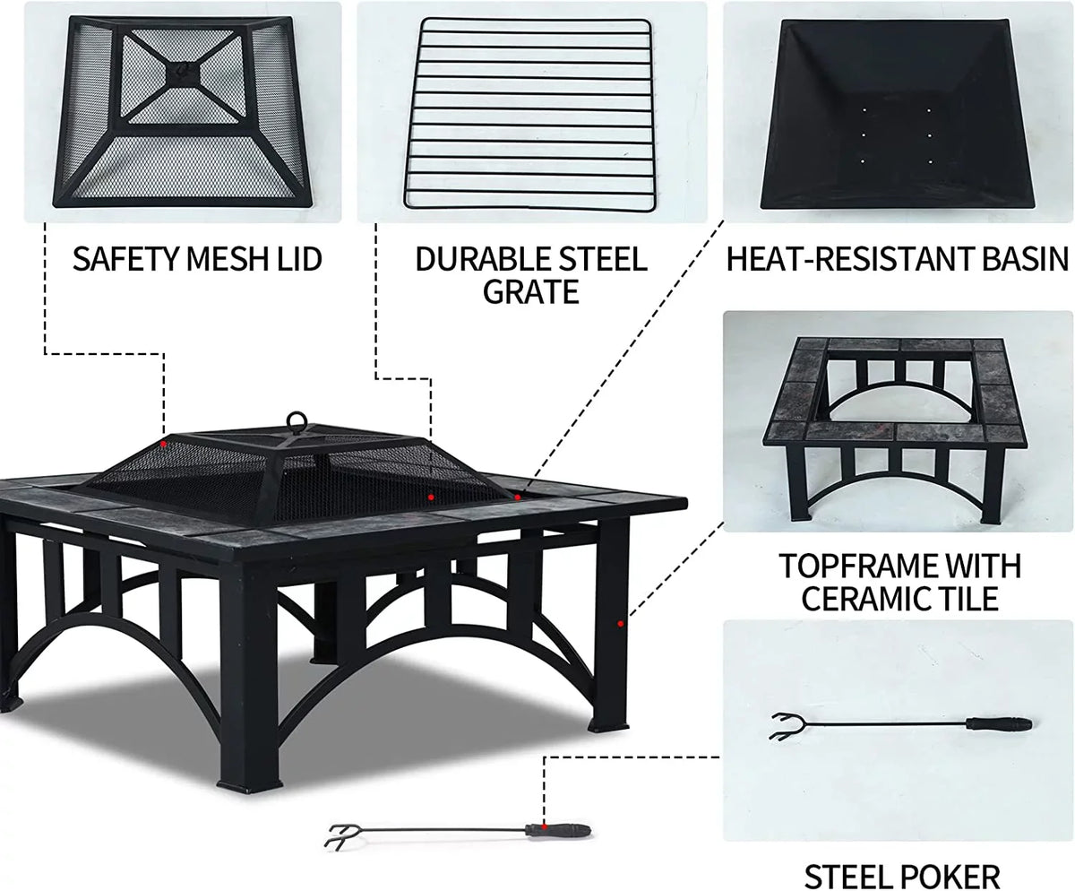 Grand Patio Fire Pits for Outside 35'' Wood Burning Sizequare Marble Tile Tabletop Fire Tables for Patio Bonfire,Camping,Outdoor Heating, with Sizepark Sizecreen and Poker