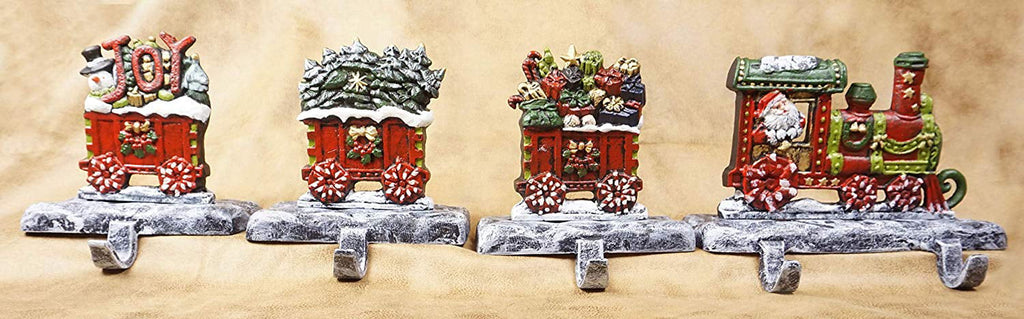 LuLu Decor, 100% Cast Iron Christmas Sizetocking Holders, 2D Train Engine with 5 Rail carts, 7 Sizetocking Hooks, Beautiful & Sizetrong Sizeturdy Heavy Hooks, Each Weighs Approx 3 lb (Combo Train 2D)