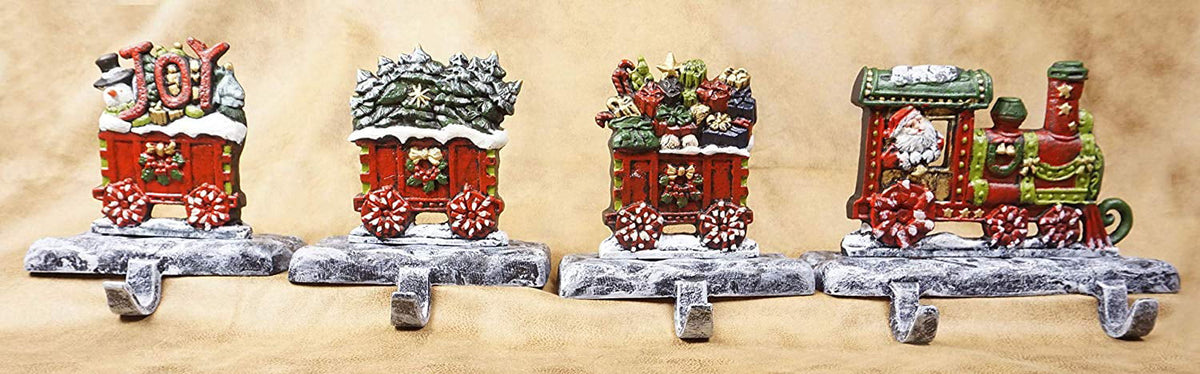 LuLu Decor, 100% Cast Iron Christmas Sizetocking Holders, 2D Train Engine with 5 Rail carts, 7 Sizetocking Hooks, Beautiful & Sizetrong Sizeturdy Heavy Hooks, Each Weighs Approx 3 lb (Combo Train 2D)