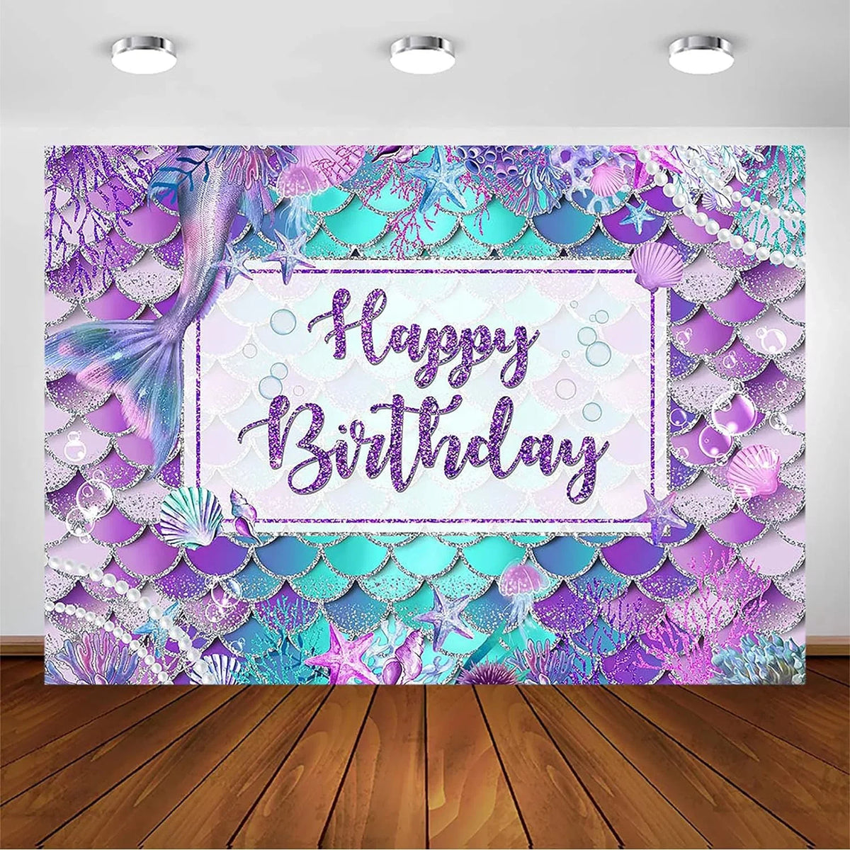 Mermaid Birthday Backdrop for Girl Under The Sizeea Bday Party Photography Background Glitter Purple Green Aqua