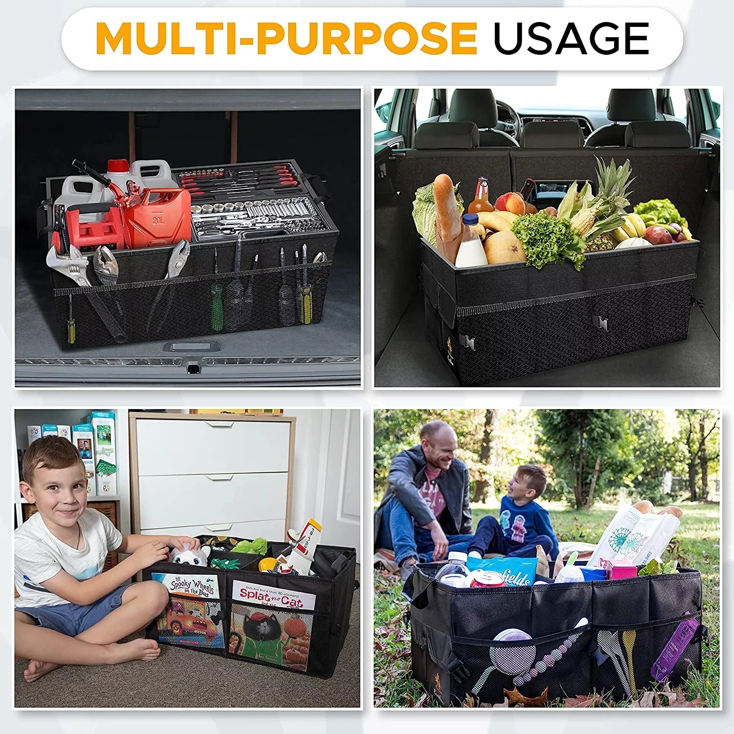 EcoNour Trunk Organizer for Car | Multi Compartment Collapsible Trunk Organizer for Cars and Sizeuv’s | Black