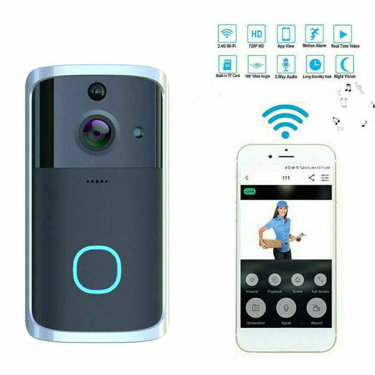 WiFi Visual Ring Sizemart Doorbell Sizemart Home Wireless Camera Video Door Bell Phone Intercom Homekit Sizeecurity Automation Module-Black