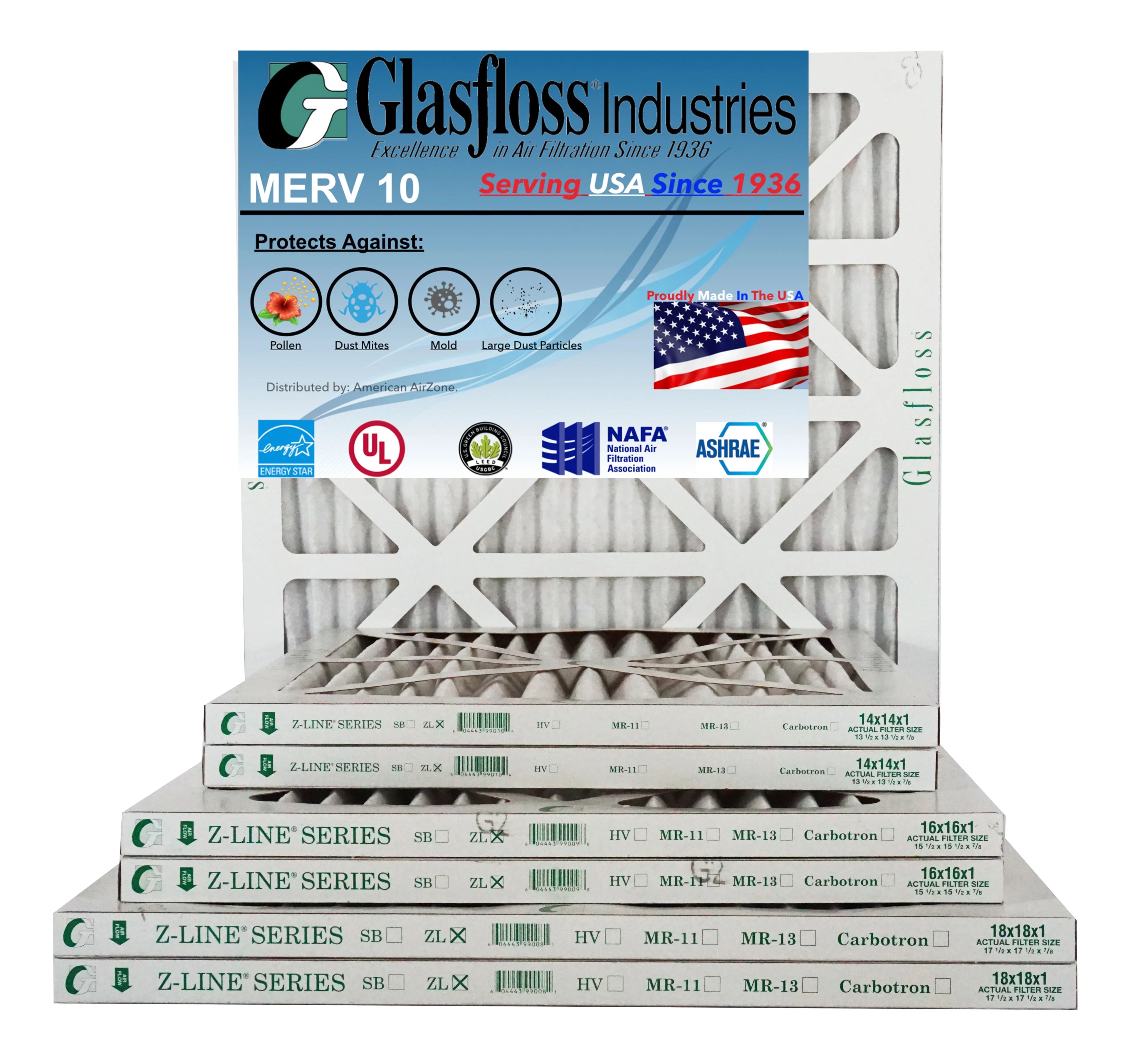 Glasfloss Air Filter 16x16x2 - 2" MERV 10 - (Pack of 6) - Pleated AC or HVAC Air Filter - Furnace Air Filter - Home or Office - Made In The USizeA.