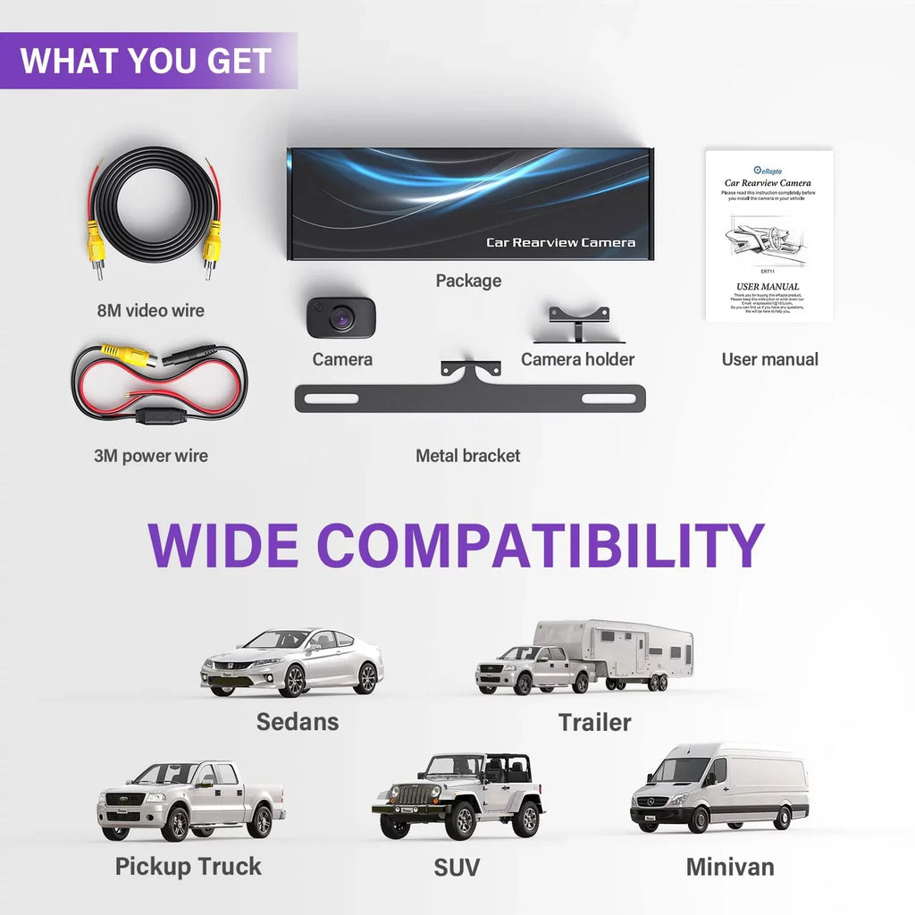 eRapta ERT11 Backup Camera, Rear View Reverse Camera for Car Truck Pickup SizeUV RV Van HD License Plate Front Rear Camera