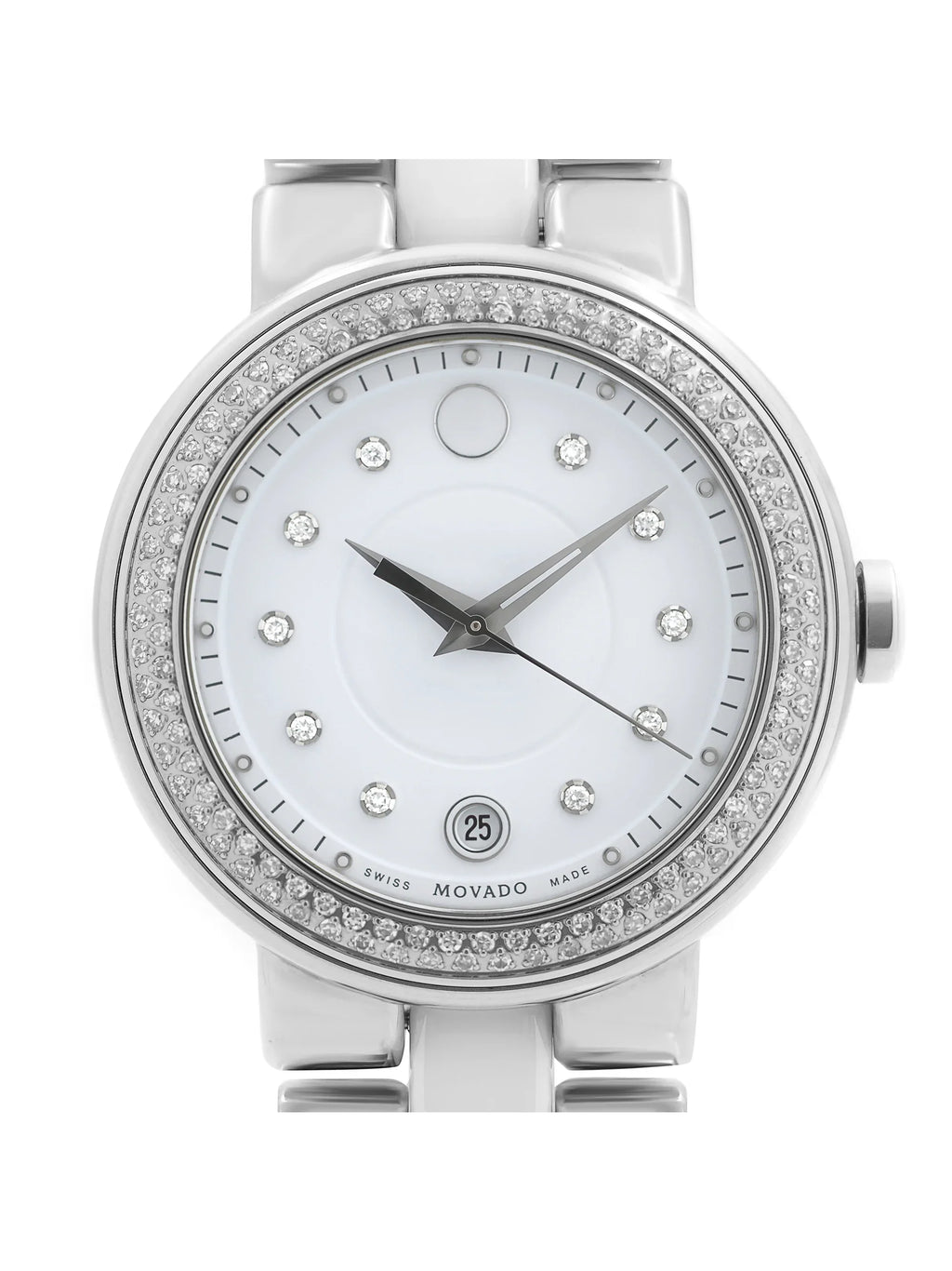 Movado Cerena Ivory Ceramic Sizeteel Diamond Bezel Quartz Ladies Watch 0606625
