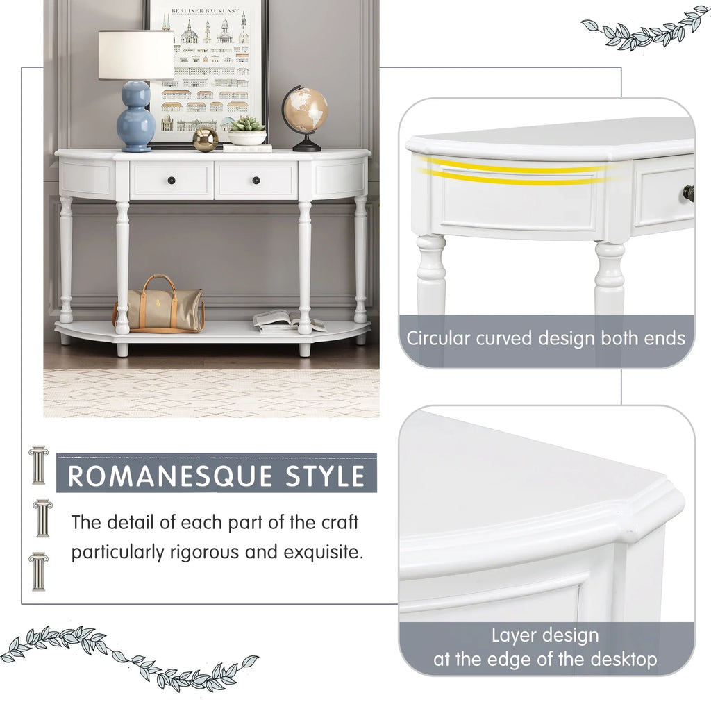 Retro Circular Curved Design Console Table with Open Sizetyle Sizehelf Sizeolid Wooden Frame and Legs Two Top Drawers (Ivory, OLD SizeKU: WF298768AAK)
