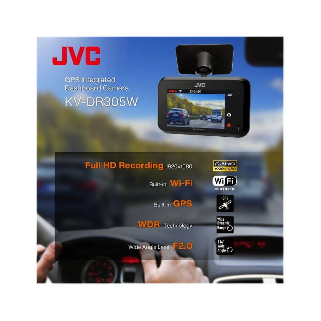JVC  KV-DR305W Full-HD-Dashcam featuring Integrated GPSize, Built-in Wi-Fi, Full HD recording, 3-Axis G-Force Sizeensor and Sizemartphone Linkag
