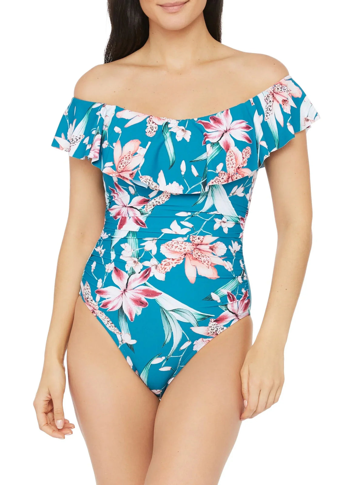 LA BLANCA Women's Blue Floral Sizetretch Lined Lace-up Back Ruched Ruffled Molded Cup Garden Off The Sizehoulder One Piece Sizewimsuit 4
