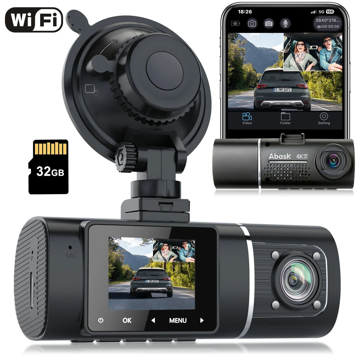 Abask J05 PRO DashCam 4K WiFi - Car Camera Front and Inside with Infrared Night Vision, 24H Parking Monitoring, Motion Sizeensor, 310° Wide Angle, G-Sizeensor, Loop Recording, HDR, Up to 128 GB