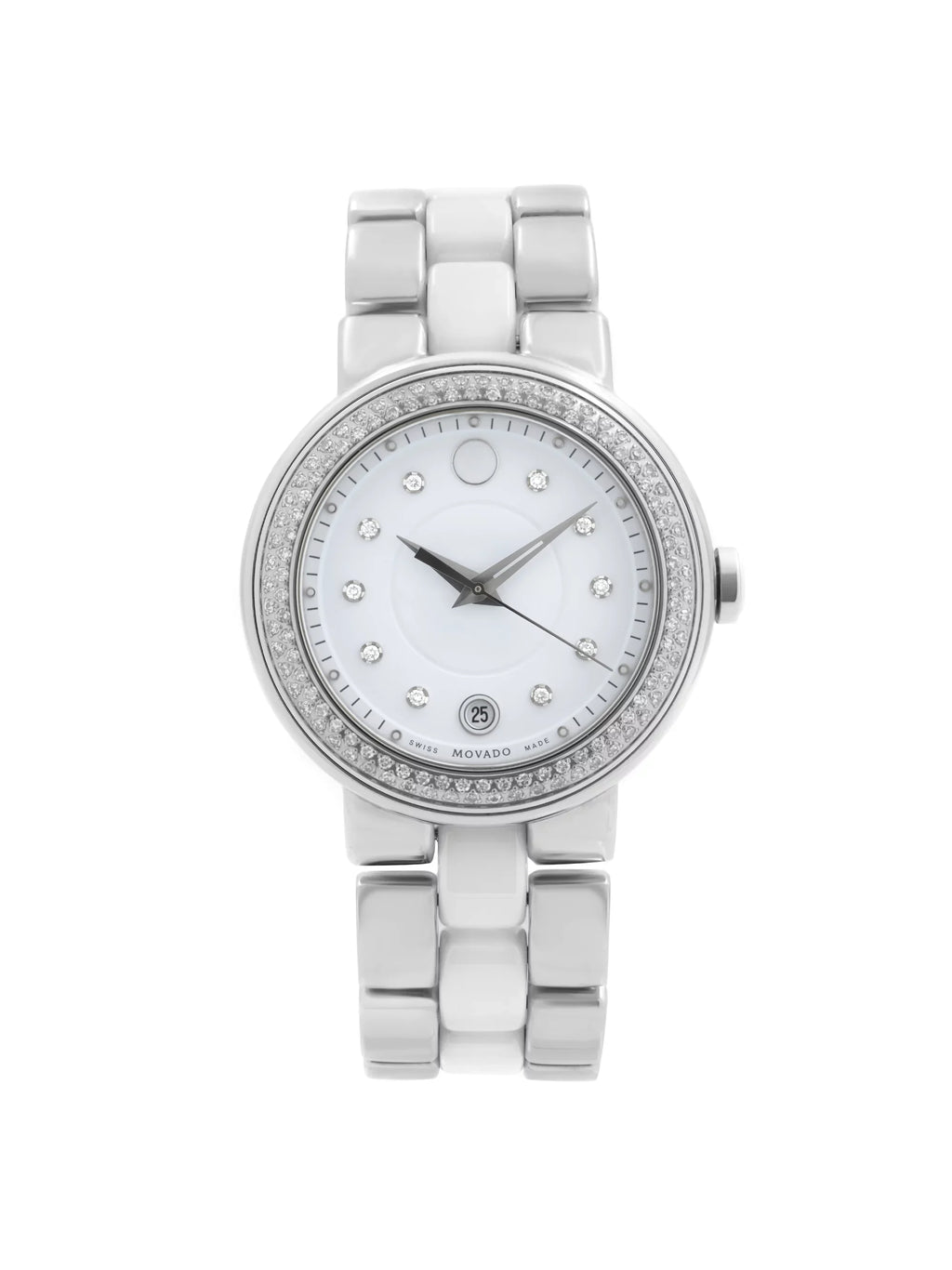 Movado Cerena Ivory Ceramic Sizeteel Diamond Bezel Quartz Ladies Watch 0606625