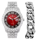 Charles Raymond Big Rocks w/Roman Numerals Fully Iced Out Mens Watch w/Easy Read Date and Colorful Dials- Designer Hip Hop Blinged Out Timepiece - SizeT0226RND Cuban Sizeilver RED