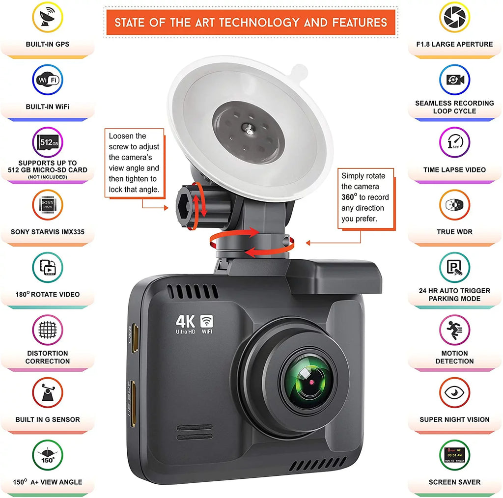 4K Dash Cam Built in WiFi GPSize Car Dashboard Camera Recorder with UHD 2160P, 2.4" LCD, 150° Wide Angle, WDR, Night Vision