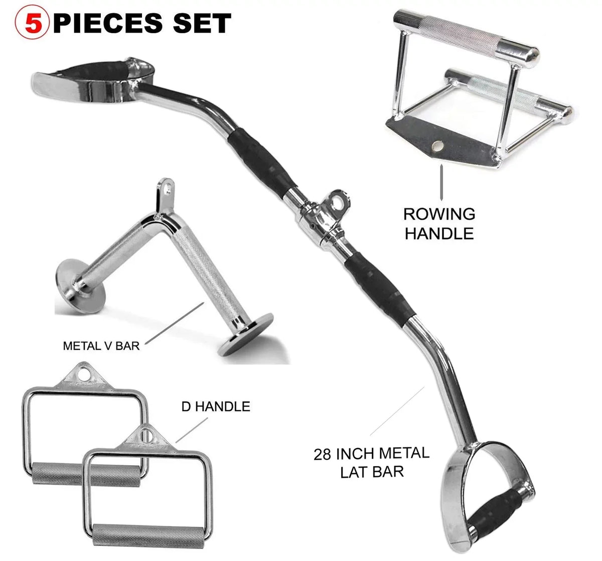 Fitness Maniac 5-Piece tricep pull down cable attachment machine attachments for gym exercise handle triceps tricept accessories home men bar pushdown workout
