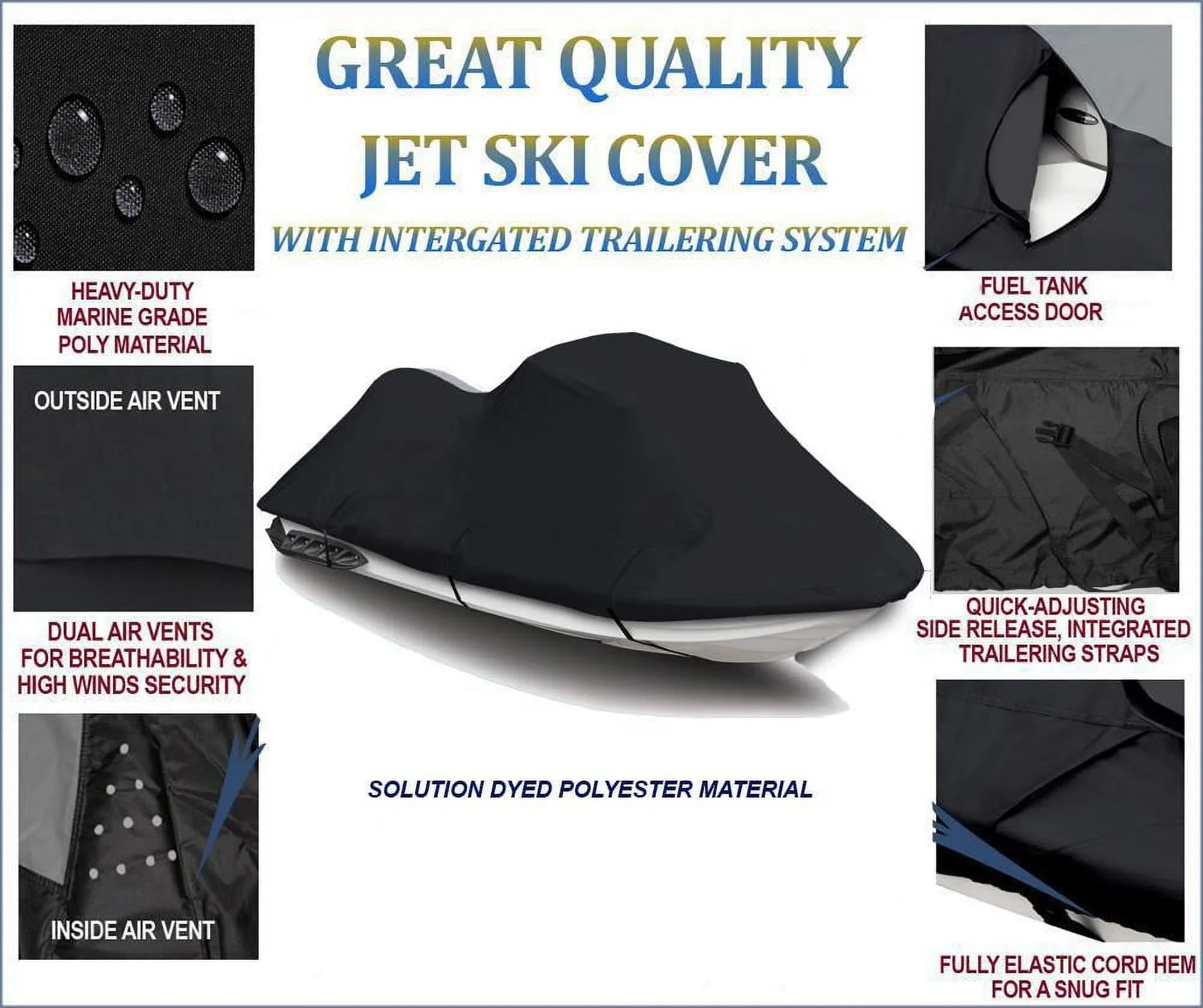 BLACK 600 DENIER JetSizeki Cover Compatible for JET SizeKI COVER Kawasaki Ultra 310X 2014 2015 2016 2017 2018 2019 2020 2021 2022