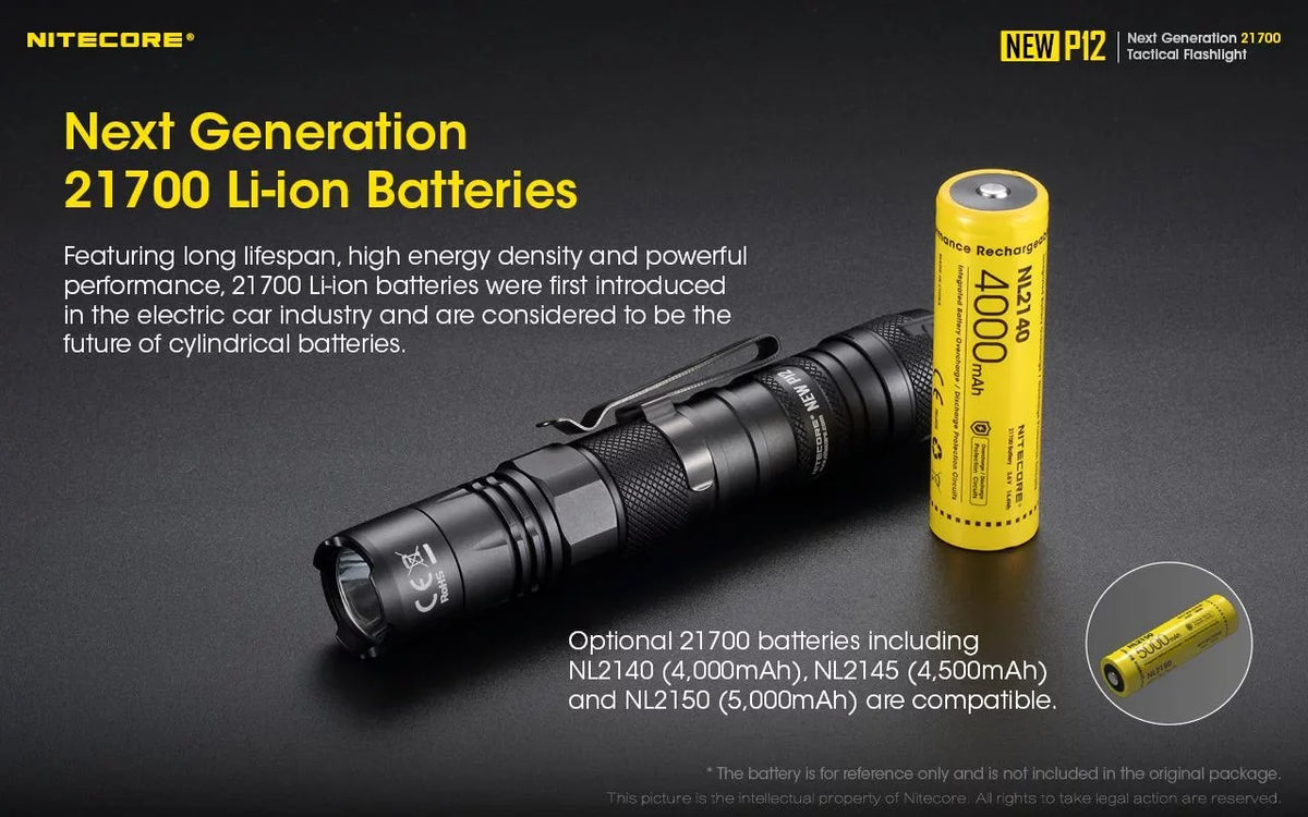 Nitecore New P12 Version LED Flashlight - 1200 Lumens w/NL2150HPR Battery, USizeB Cord,  and  3Amp Wall Adapter