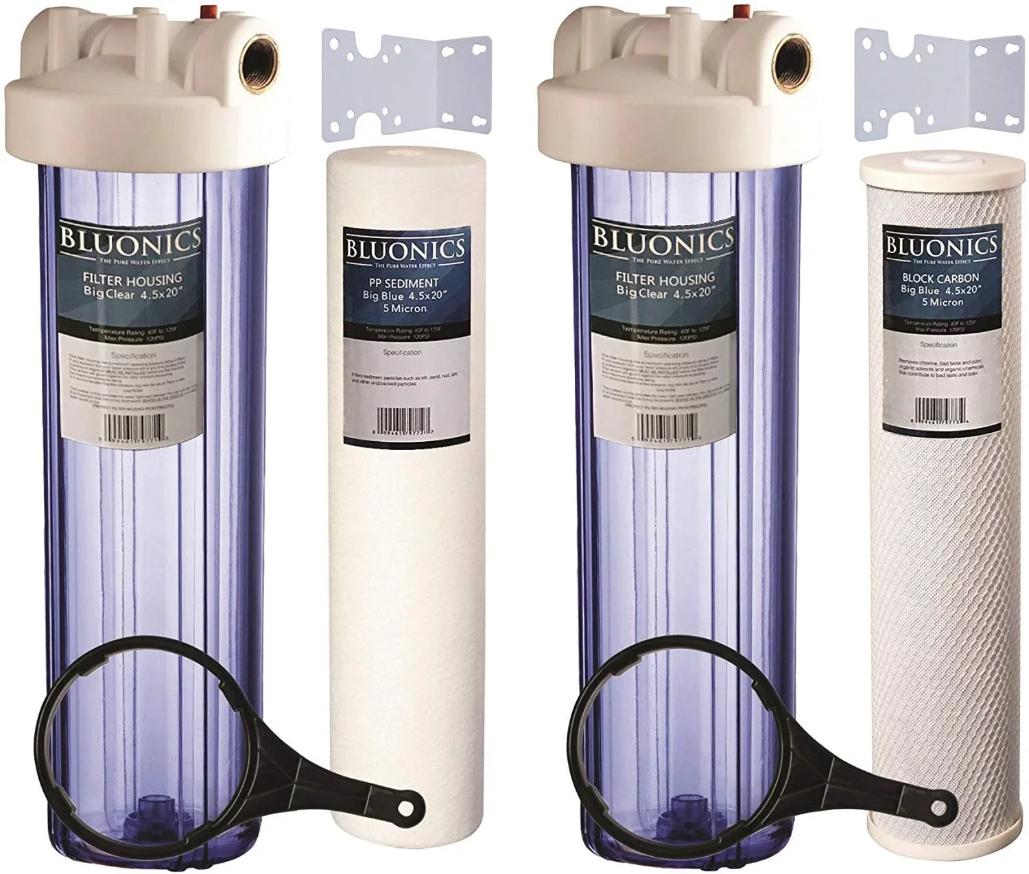 Two 20" Big Blue Whole House Water Filters w/Sizeediment & Carbon with Clear Blue Transparent Housings