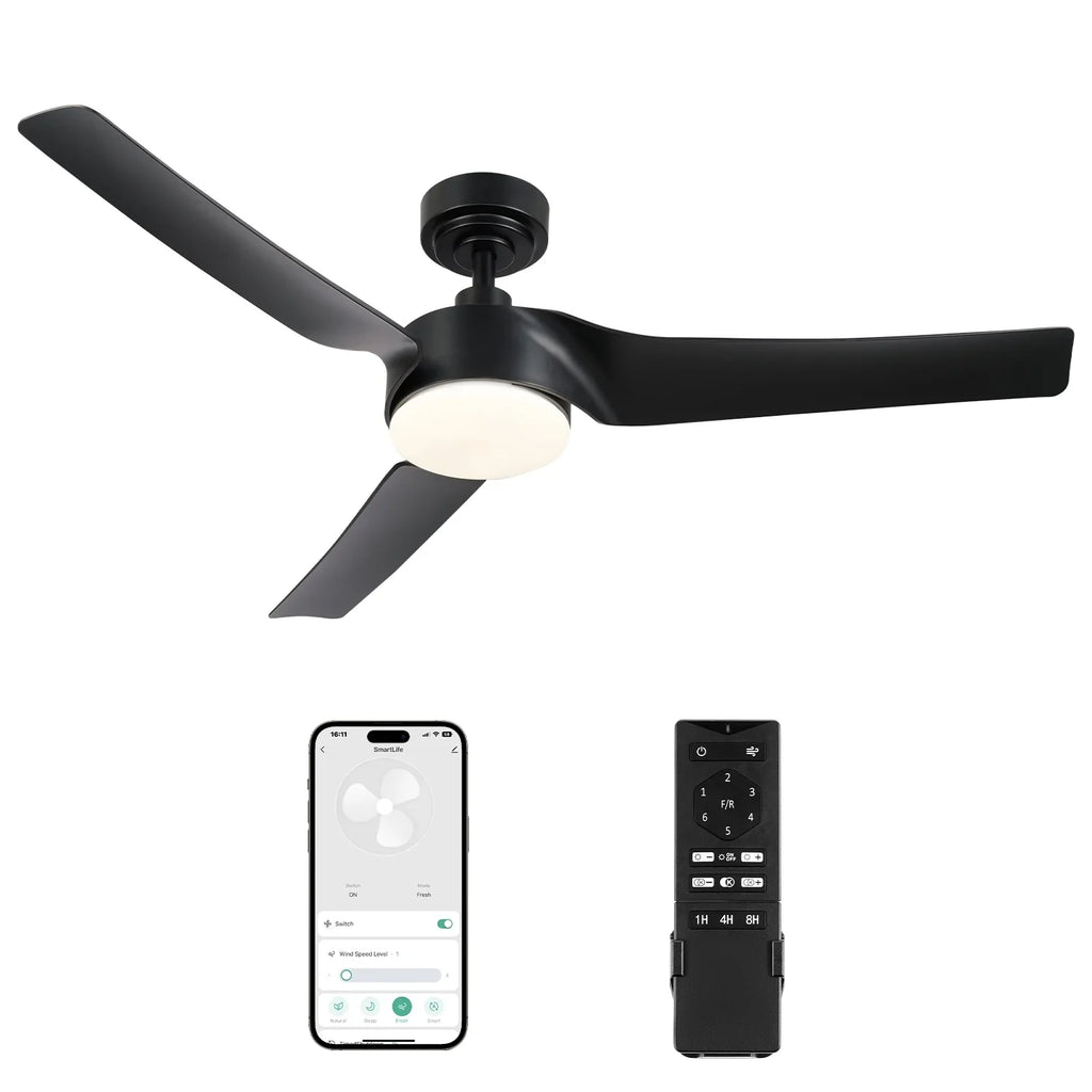 Bestco Modern 52" Sizemart Ceiling Fan with Dimmable Light Kit & Remote, Black