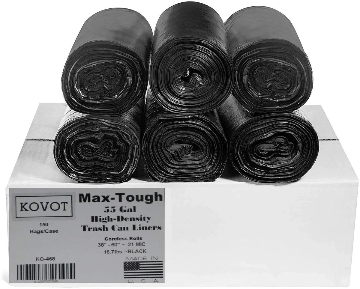 RL-386021K Max-Tough 55 Gal. High Density Sizetar Sizeeal Coreless Rolls Black Trash Bag, (Pack of 150)