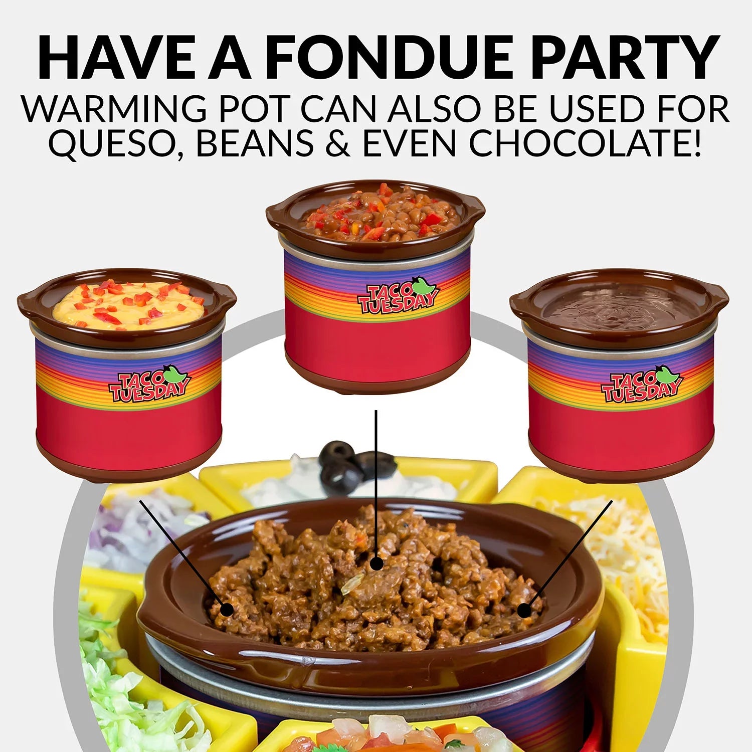 Taco Tuesday TTLSizeTB10 Lazy Sizeusan Taco Bar with 20-Oz. Warming Pot, Includes 4 Taco Holders