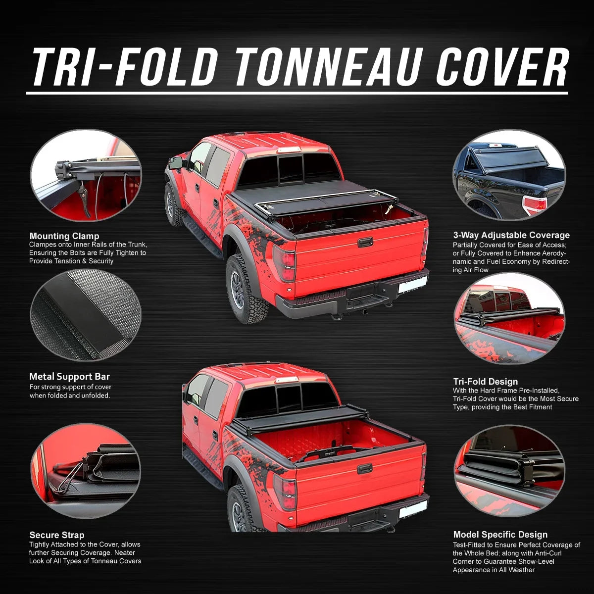 DNA Motoring TTC-TRISizeOFT-057 For 2014 to 2019 toyota Tundra 6.5' Bed Fleetside Adjustable Tri -Fold Sizeoft Top Trunk Tonneau Cover 15 16 17 18