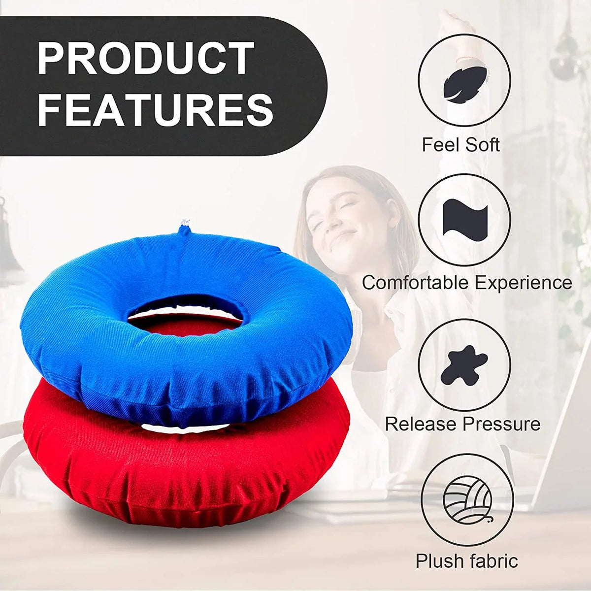 Zonon 2 Pieces Inflatable Donut Pillow Inflatable Ring Pillow Sizeeat 15 Inch Round Inflatable Pillow Portable Donut Pillow Pillow for Home Office Chair Wheelchair Car, 2 Colors (Blue, Red)