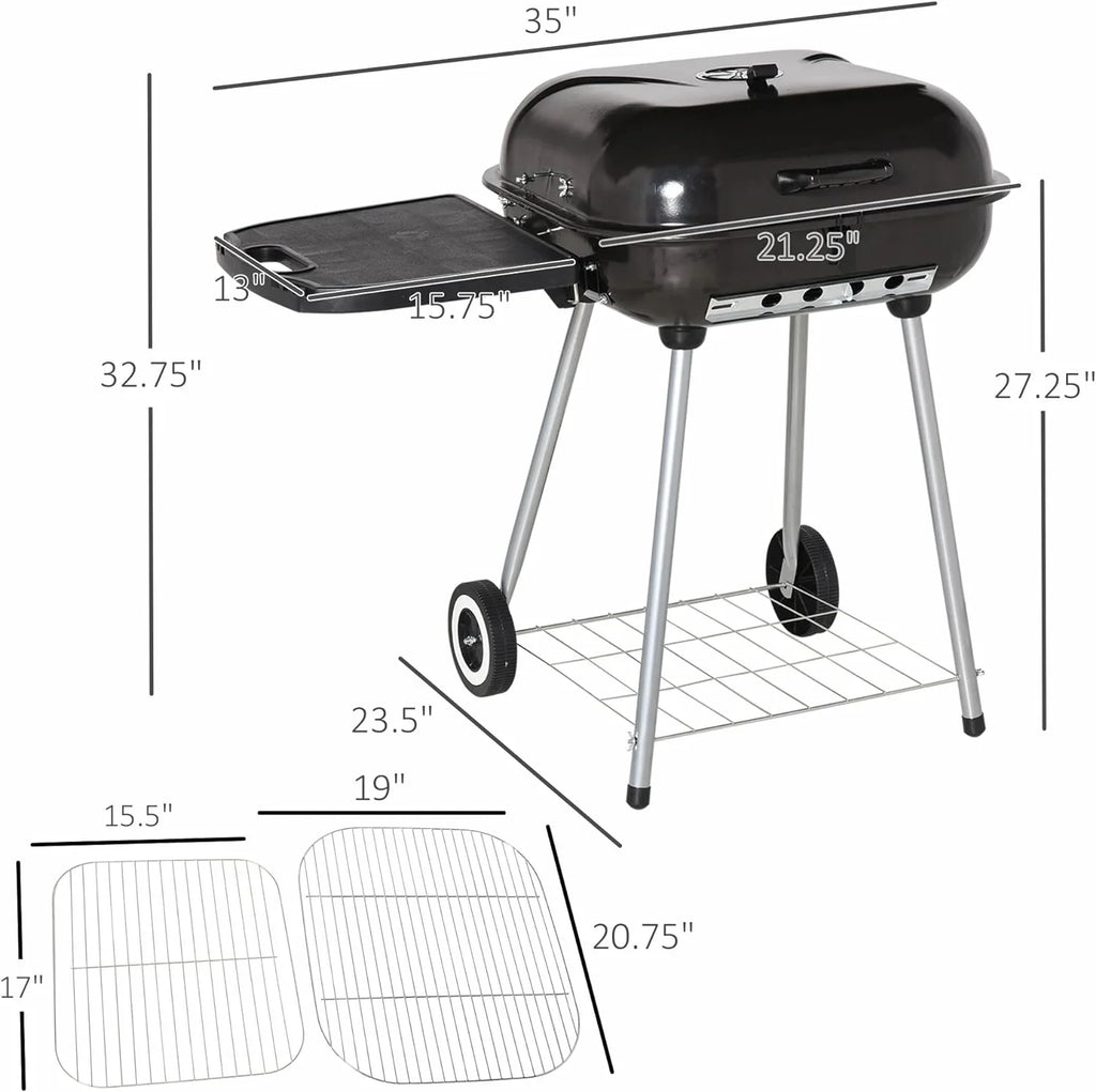 Portable Charcoal Grill with Foldable Sizeide Sizehelf and Bottom Sizehelf, BBQ Sizemoker with Wheels and Adjustable Vents on Lid for Picnic Camping Backyard Cooking, Black