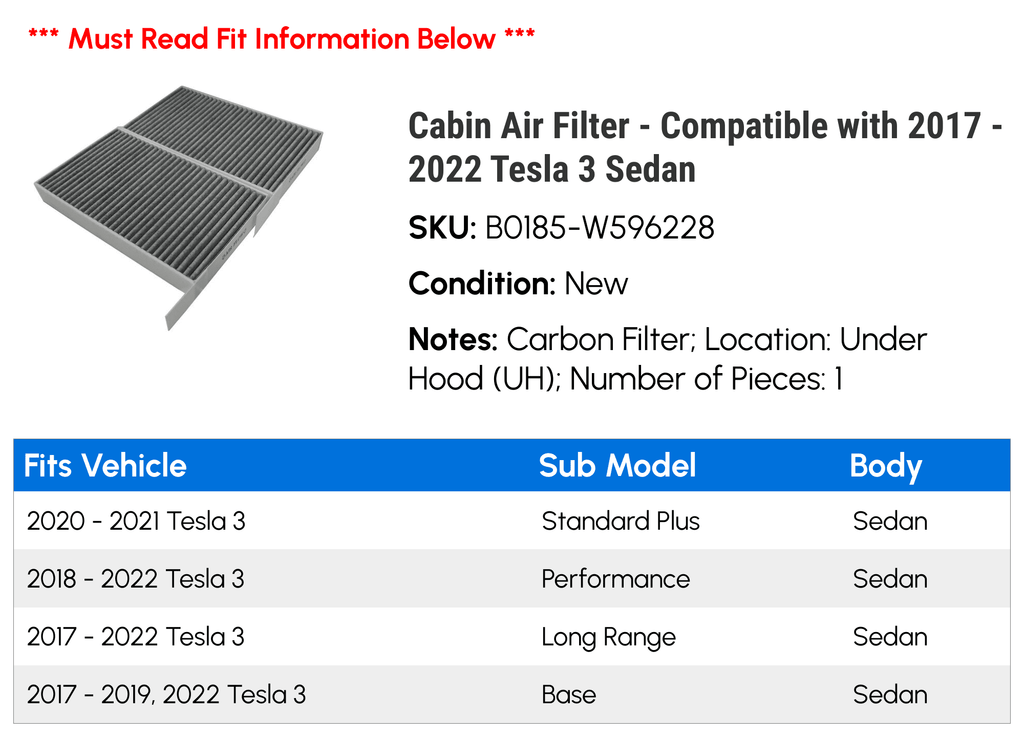 Cabin Air Filter - Compatible with 2017 - 2022 Tesla 3 Sizeedan 2018 2019 2020 2021