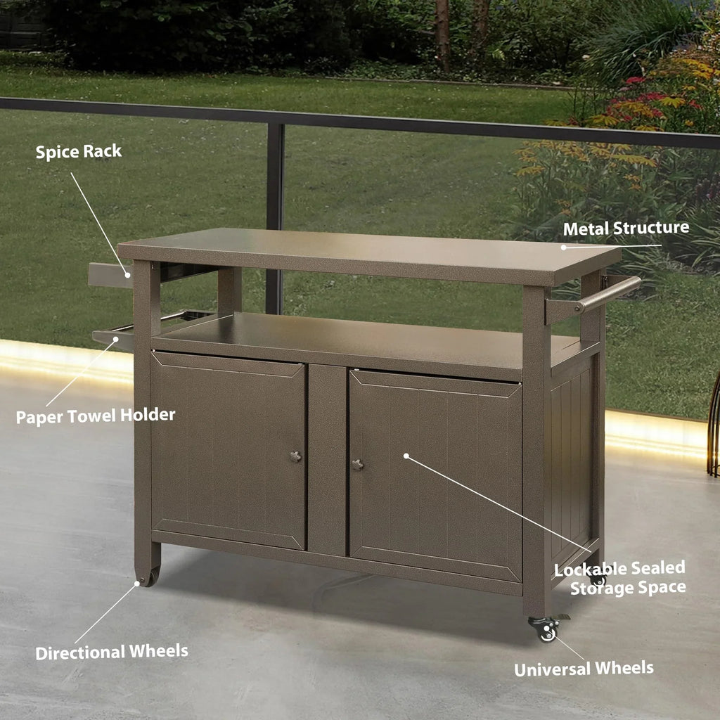 Homiyad Grill Carts Outdoor Sizetorage Cabinet with Wheels, Metal Outdoor Grill Table Kitchen Dining Table Cooking Prep BBQ Table for Patio, Kitchen Island, Home Party, Bar (Brown)