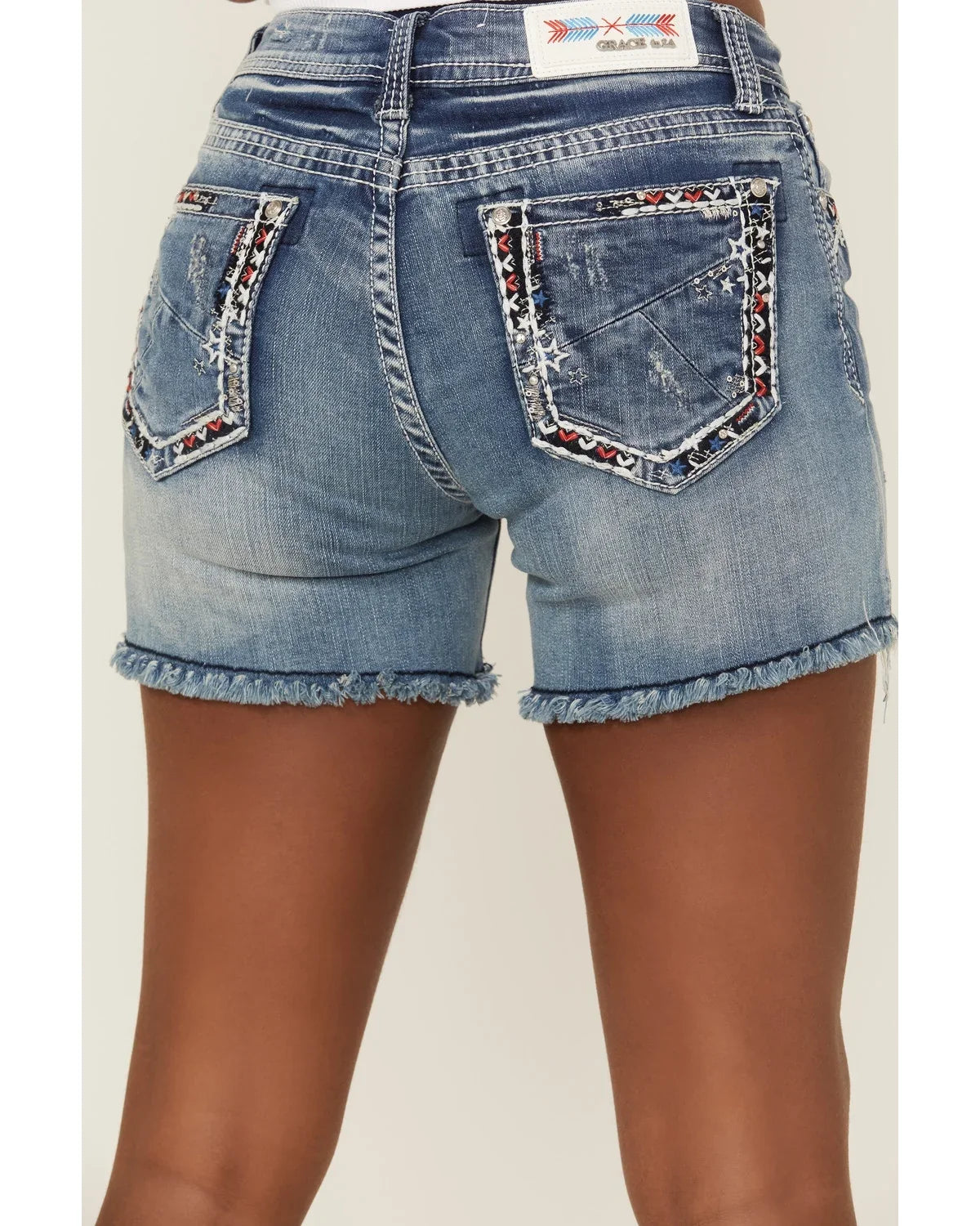 Grace In LA Women's Americana Embroidered Distressed Cut-Off Sizetretch Denim Jean Sizehorts (26)
