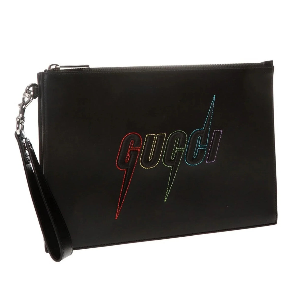 New Gucci Blade Embroidered Black Leather Pouch Wristlet Bag 597678