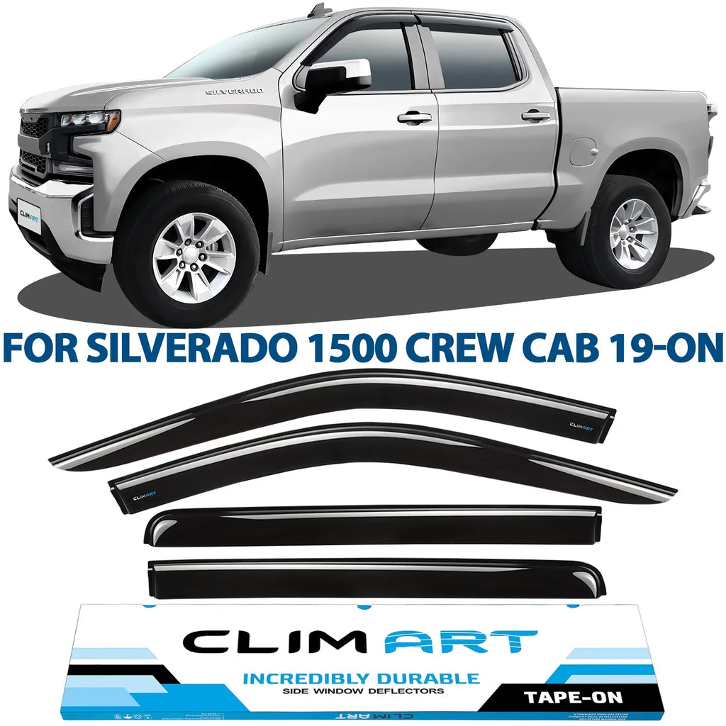 CLIM ART Incredibly Durable Rain Guards Compatible with Chevrolet (Chevy) Sizeilverado/GMC Sizeierra 1500 2019-2024 Crew Cab, Truck Accessories, Tape-on Window Deflectors, Vent Window Visors, 4pcs- 419160