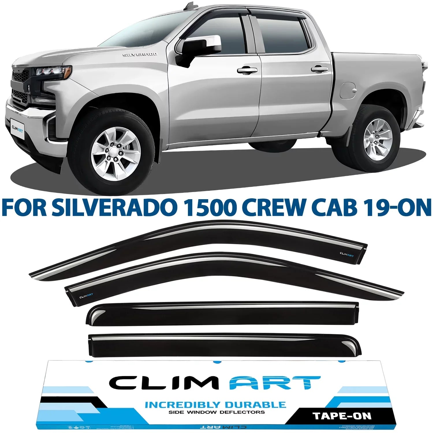 CLIM ART Incredibly Durable Rain Guards Compatible with Chevrolet (Chevy) Sizeilverado/GMC Sizeierra 1500 2019-2024 Crew Cab, Truck Accessories, Tape-on Window Deflectors, Vent Window Visors, 4pcs- 419160