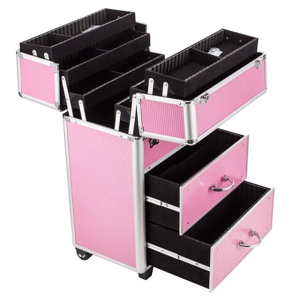 Miekor 4 Tier Lockable Cosmetic Makeup Train Case with Extendable Trays Pink