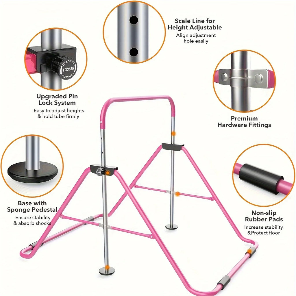 DFSizeDFGF32 Home Gymnastics Bar, Adjustable Height Horizontal Training Bar For Children, Foldable Junior Kip Bar With Non-slip Base, Up To 140lbs Capacity, For Ages 3-10