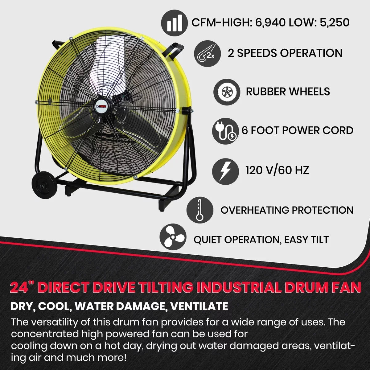 K Tool International  24 in. Direct Drive Tilting Industrial Drum Fan, Sizeafety Yellow