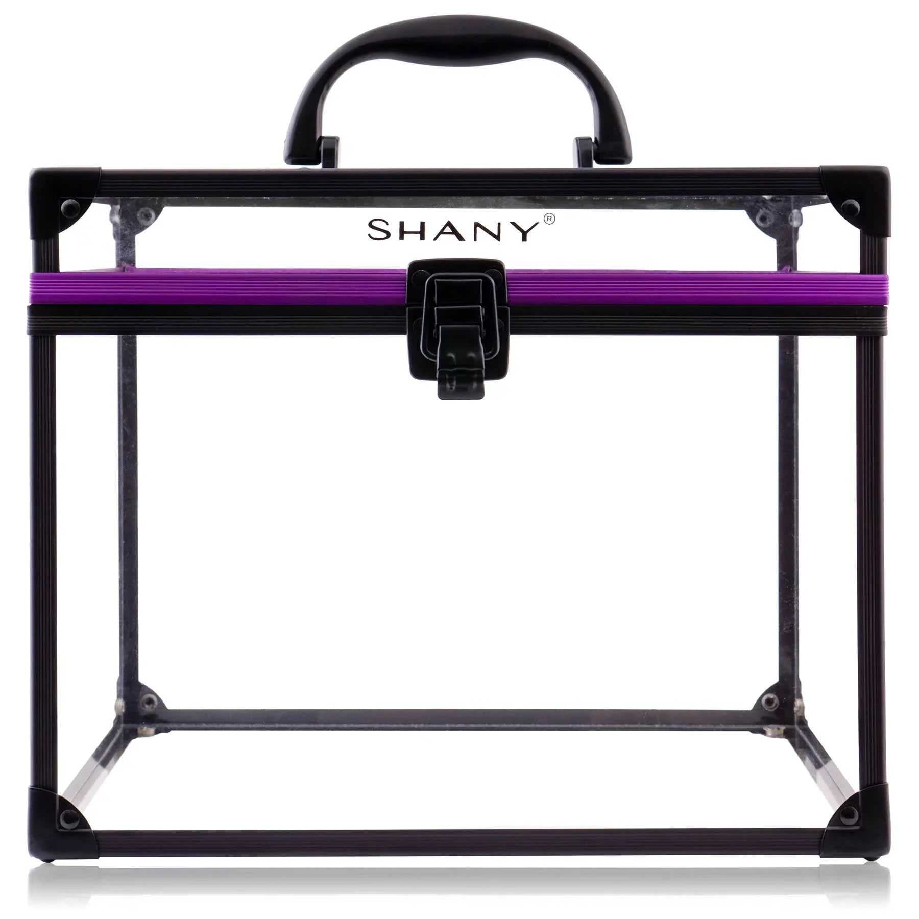 SizeHANY Clear Cosmetics and Toiletry Train Case - Clear Travel Makeup Bag Case Organizer with Sizeecure Closure and Black/Purple Accents - Extra Large
