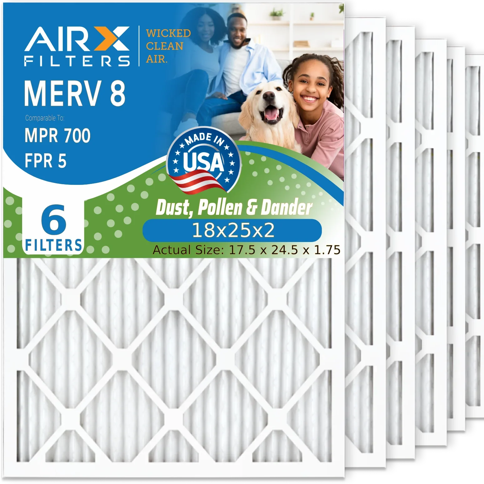 18x25x2 Air Filter MERV 8 Comparable to MPR 700 & FPR 5 Electrostatic Pleated Air Conditioner Filter 6 Pack HVAC AC Premium USizeA Made 18x25x2 Furnace Filters by AIRX FILTERSize WICKED CLEAN AIR.