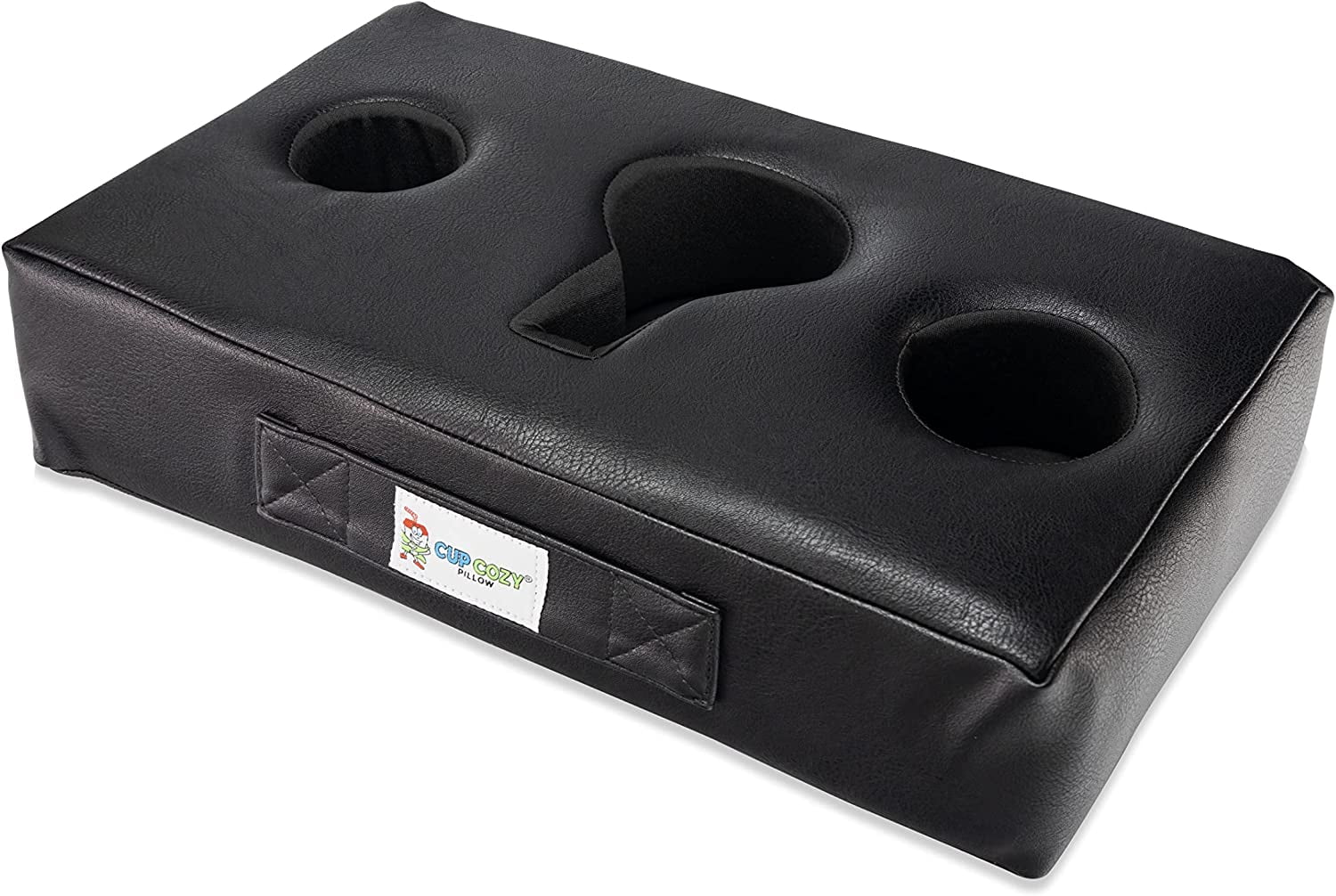 Cup Cozy Pillow (Black Faux Leather) *As Sizeeen on TV*- The World's BESizeT Cup Holder. Keep drinks close and prevent spills. Use it anywhere-Couch, floor, bed, man cave, car, RV, park, beach and more!