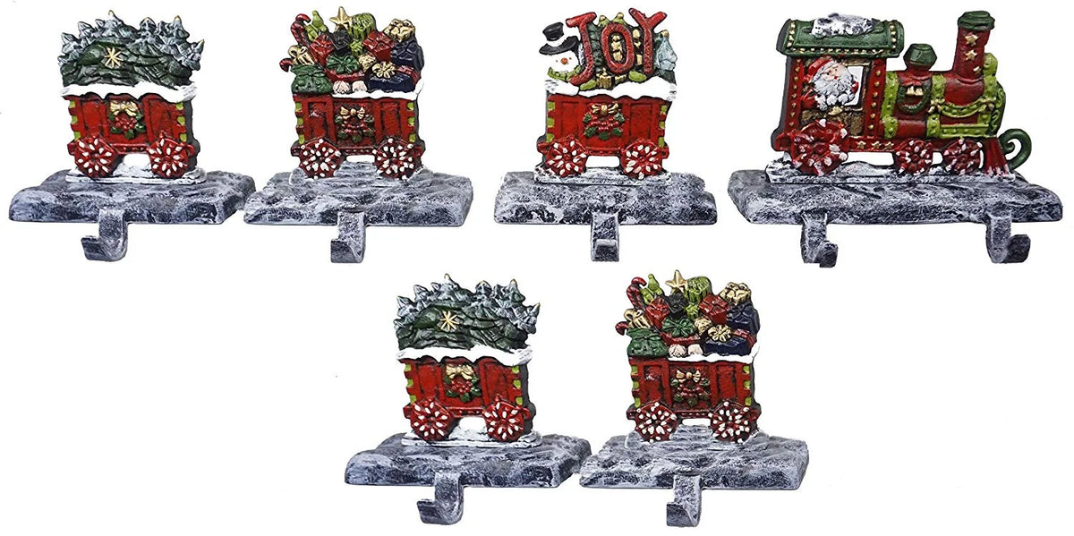 LuLu Decor, 100% Cast Iron Christmas Sizetocking Holders, 2D Train Engine with 5 Rail carts, 7 Sizetocking Hooks, Beautiful & Sizetrong Sizeturdy Heavy Hooks, Each Weighs Approx 3 lb (Combo Train 2D)