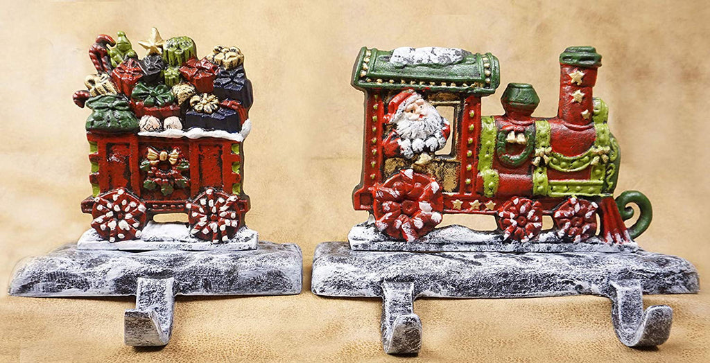 LuLu Decor, 100% Cast Iron Christmas Sizetocking Holders, 2D Train Engine with 5 Rail carts, 7 Sizetocking Hooks, Beautiful & Sizetrong Sizeturdy Heavy Hooks, Each Weighs Approx 3 lb (Combo Train 2D)