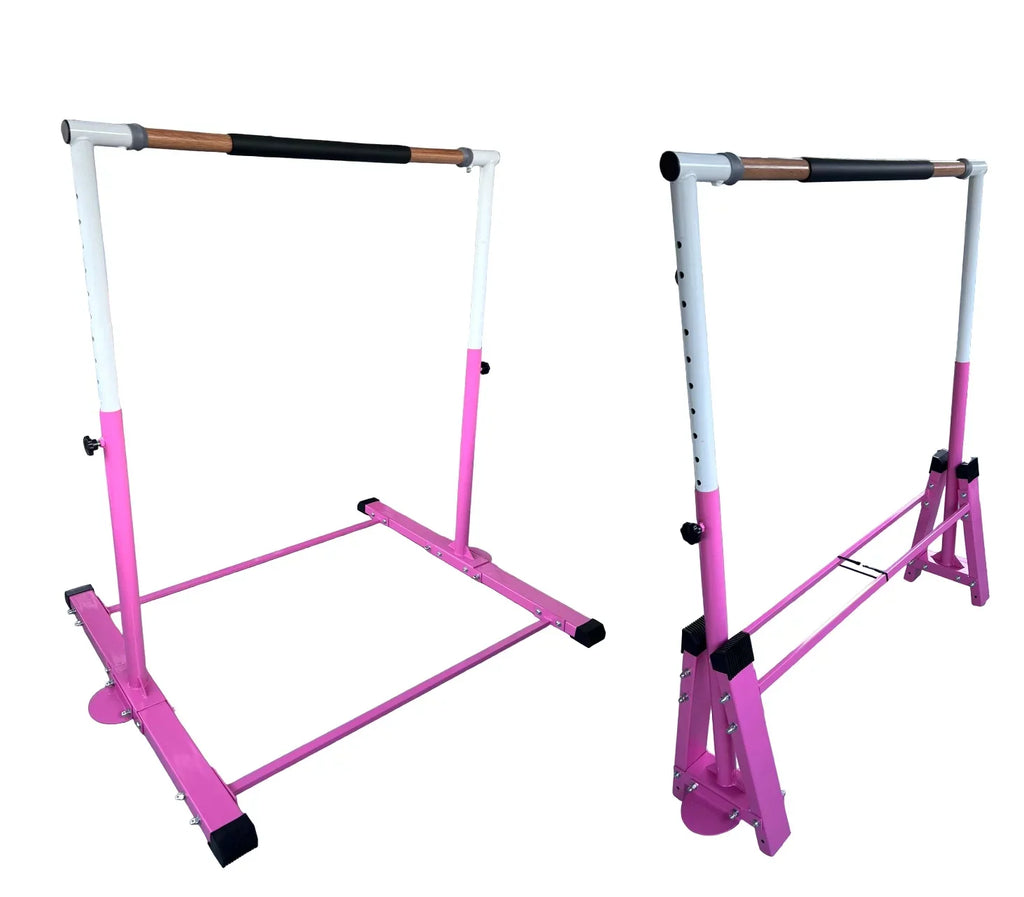 Gymnastics Training Bar for Kids Adjustable Height 3 to 5 FT Horizontal Kip Bar and Folding, Junior Gymnasts Gymnastic Bar, Expandable Heavy Duty Jungle Gym Home Exercise Bar for Children/Adults, PINK