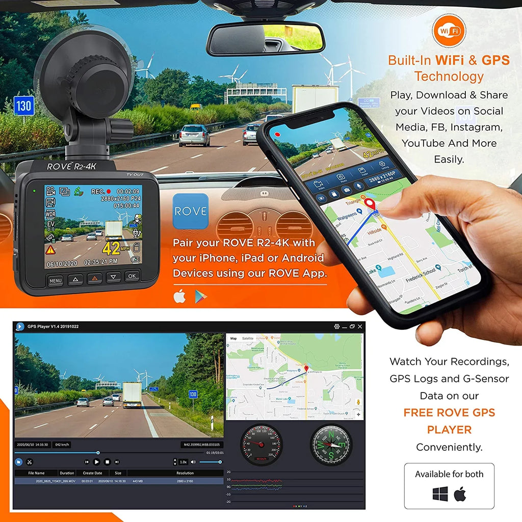 4K Dash Cam Built in WiFi GPSize Car Dashboard Camera Recorder with UHD 2160P, 2.4" LCD, 150° Wide Angle, WDR, Night Vision