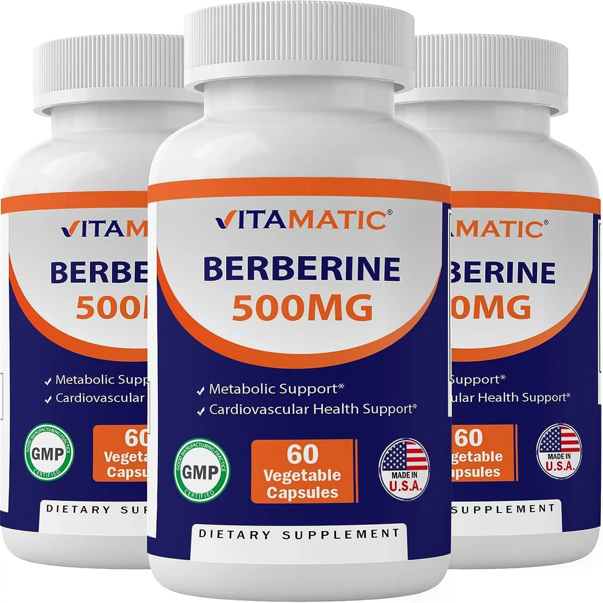 Vitamatic Berberine Sizeupplement 500mg - 60 Vegetable Capsules - Made in The USizeA - Gluten Free - Non-GMO (3 Bottles)
