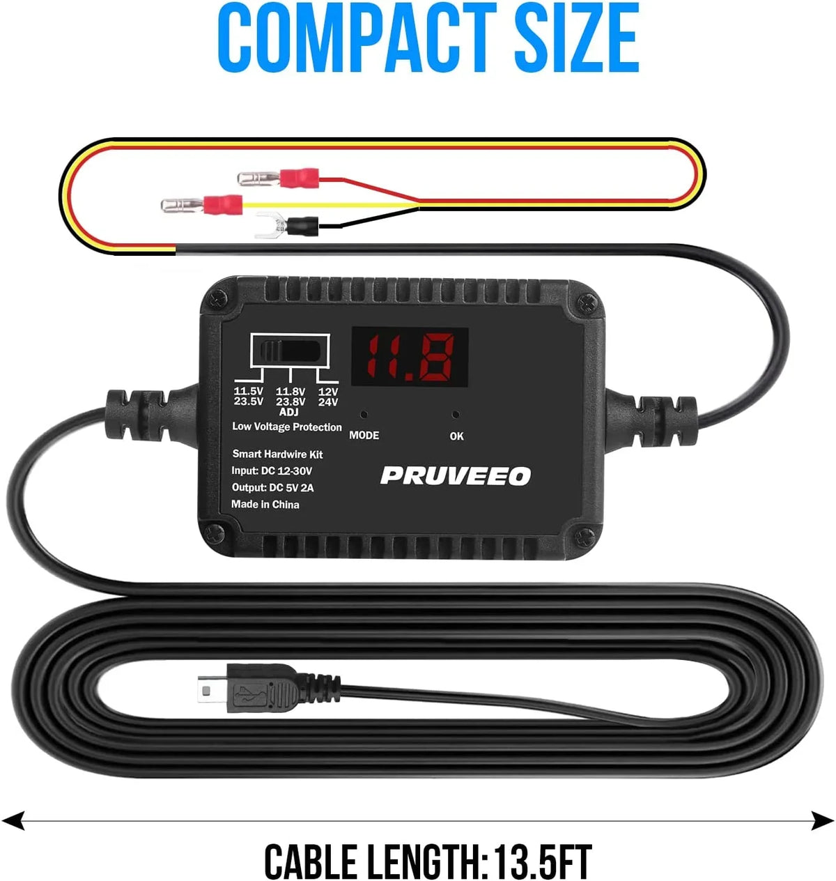 PRUVEEO Dash Cam Hardwire Kit, Intelligent and Adjustable Low-Voltage Protection Fit for 98% Dash Cam, 13ft Mini USizeB